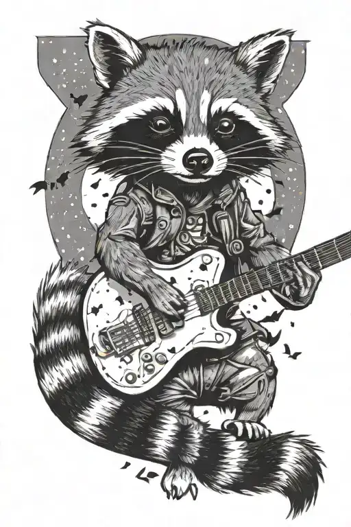 A Raccoon Playing A Guitar Under A Moonlit Sky Filled With Moths And Bats