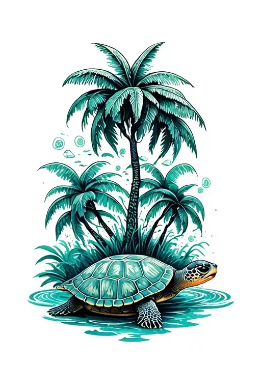 Tropical Trees Growing Next To Money Sea Turtle Swimming