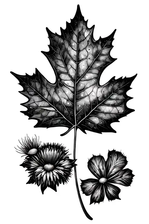 Large Maple Leaf With Small Clover And Thistle At The Base