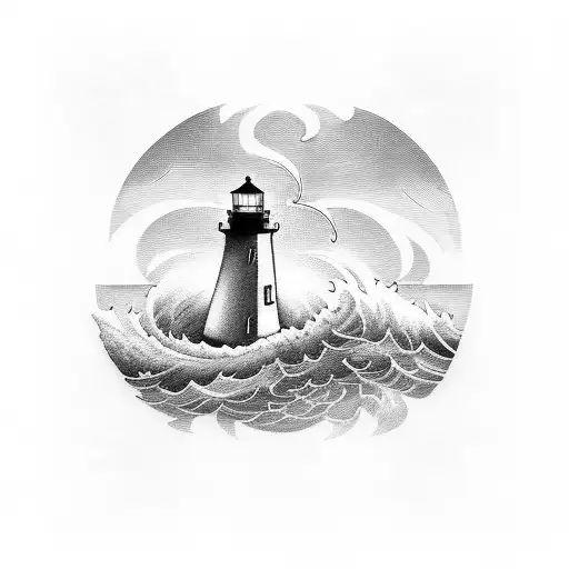 A Blackwork Tattoo Of A Lighthouse On A Stormy Sea With Crashing Waves And Dark Clouds Overhead