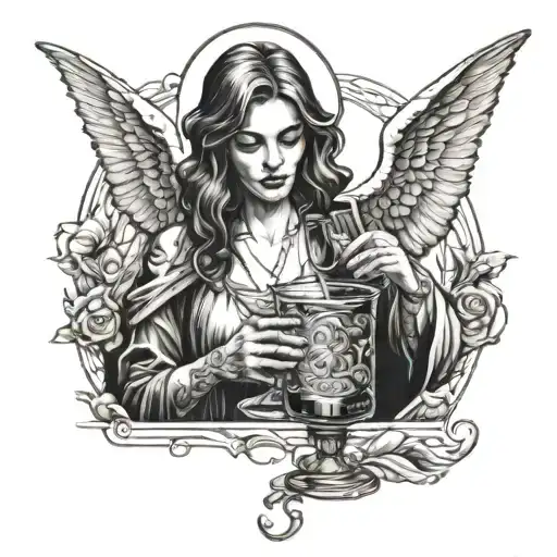 The Guardian Angel Drinks Whiskey From A Bottle Pouring