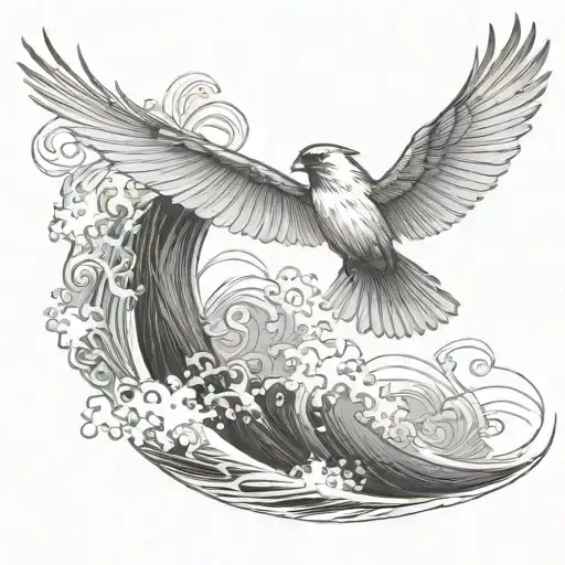 Cardinal Flying Under An Ocean Wave With Palm Tree Background