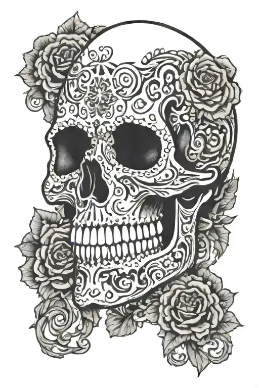 Filigree Background With Skull Face Morphing Half Skeleton