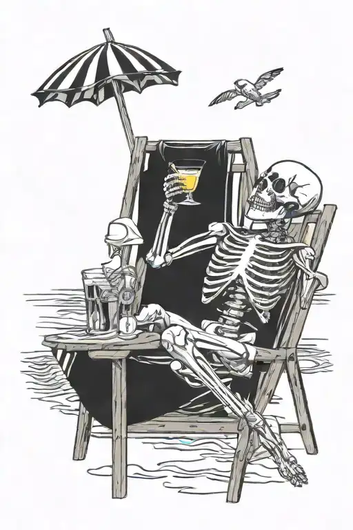 Skeleton Sitting On A Beach Chair Drinking A Martini