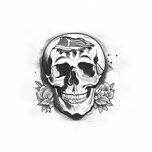 Skull With Flowers And American Flag