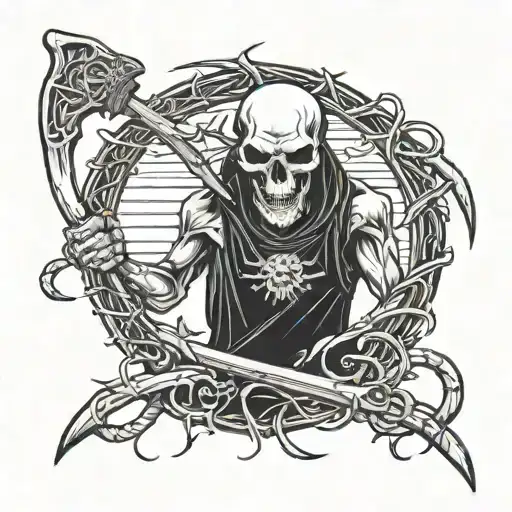 Barbed Wire Bull Skull Reaper Holding A Scythe