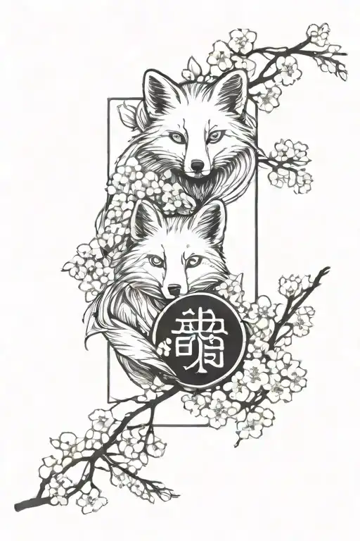 Ractangle Omamori Talisman Fox Inside Cherry Blossom Around