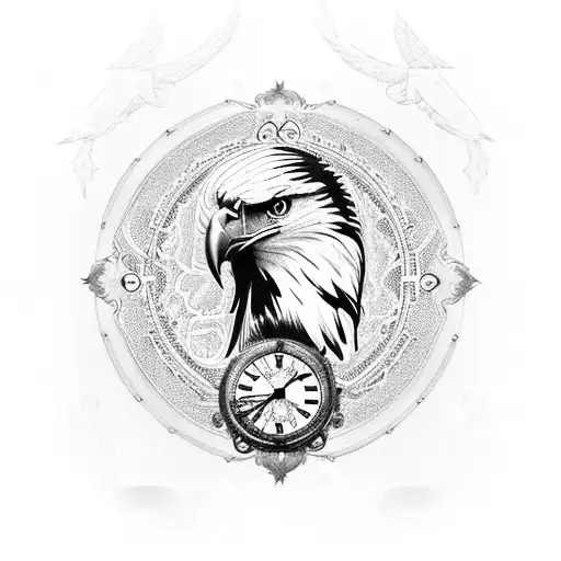 A Majestic Eagle Perched On Top Of A Grand Grandfather Clock Surrounded By Intricate Damask Patterns