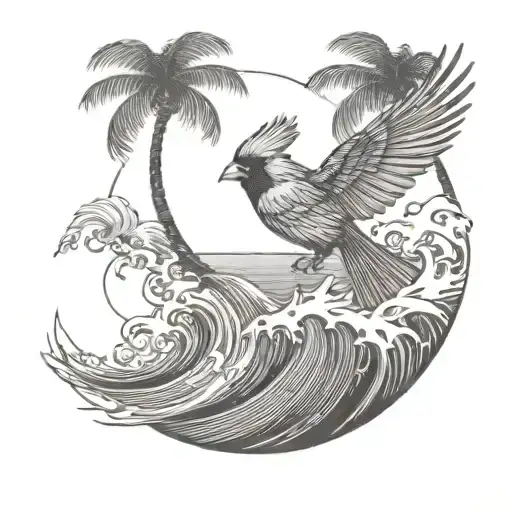 Cardinal Flying Under An Ocean Wave With Palm Tree Background