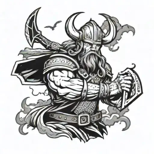 A Military-inspired Tattoo Featuring A Viking Warrior Wielding Mjolnir In A Thunderstorm