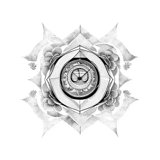 A Blackwork Tattoo Of A Geometric Moon Phase Design With Vibrant Plants Growing From Its Edges