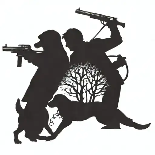 A Silhouette Of A Hunter Aiming A Gun With A Hunting Dog By Their Side
