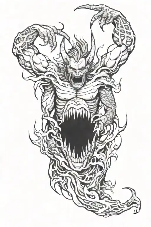 Full Sleeve Blackwork Tattoo Featuring Screaming Souls In Lower Part And In Upper Biceps A Demon