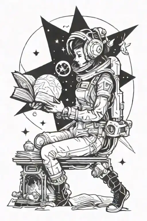 Girl In Space Reading A Book Open In Front