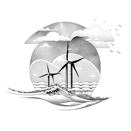 Windfarm Landscape With A Surfer Riding The Waves In The Background