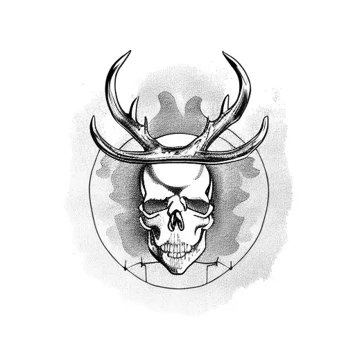 A Skull With Antlers Surrounded By Fishing Hooks And Hunting Arrows