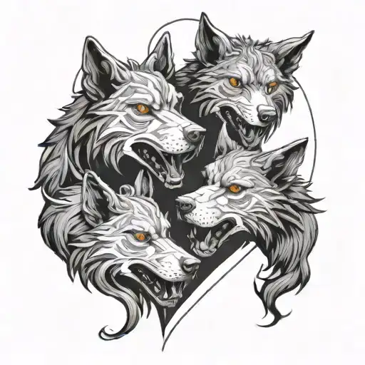 Cerberus With Wolf Heads Wrapped To Form A Heart Shape