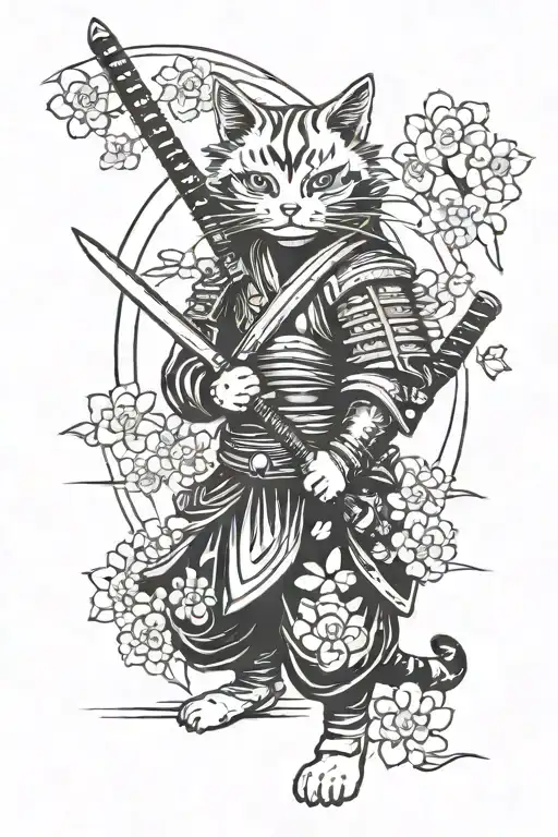Samurai Cat Wielding A Knife With Sakura Blossoms In The Background