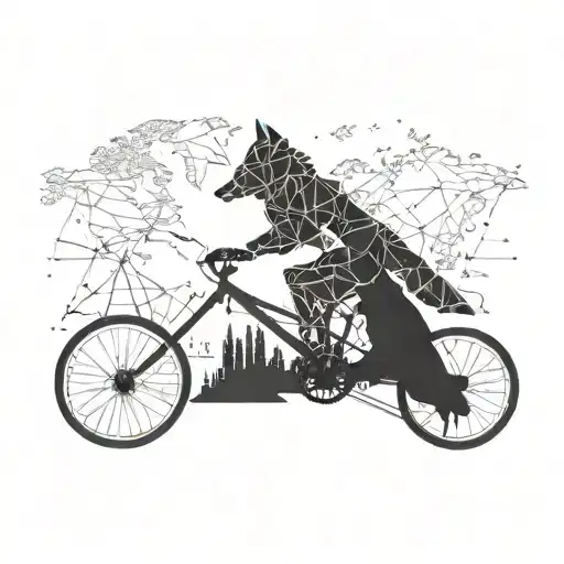 A Geometric World Map With A Wolf Silhouette Riding A Bicycle Across Continents