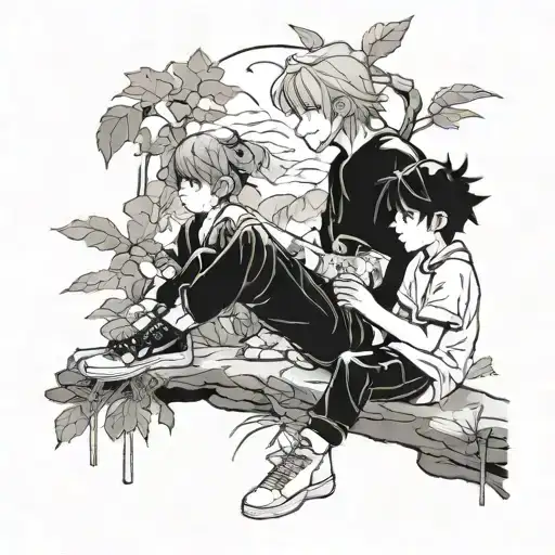 Illustrate A Scene Of Your Son Interacting With Anime Characters In A Natural Setting