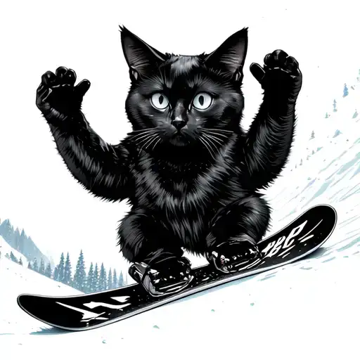 Black Cat On Snowboard With Hands Up