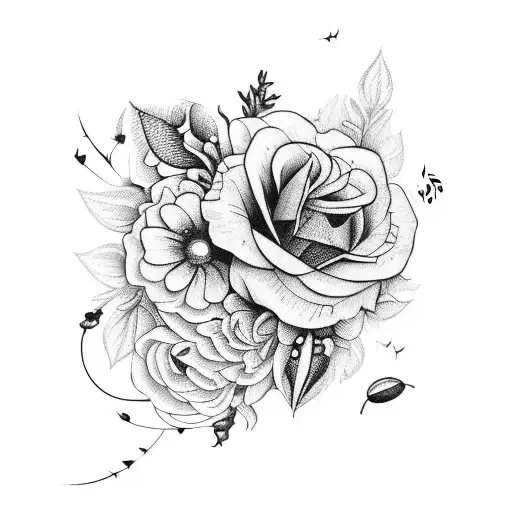 Create A Tattoo Of A Dark Floral Arrangement With Hidden Insects And Encorpetated Music Notes