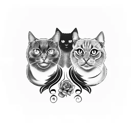 Three Black Cats With Snapdragon And Rose