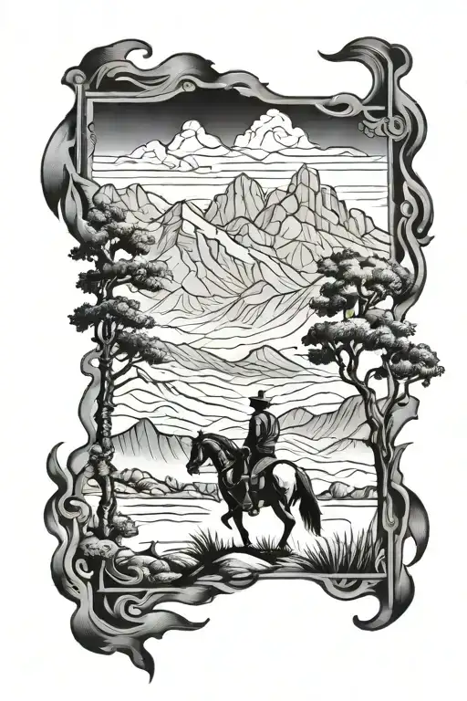 Cowboy With Horse At Cross With Mountain Backdrop Scenery