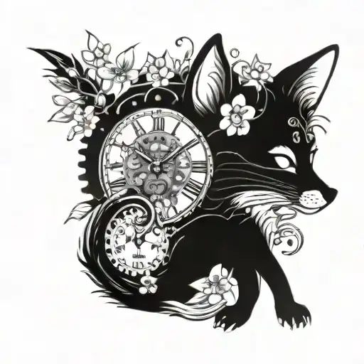 A Fox And Cat Hybrid Creature With Clock Gears For Eyes And Cherry Blossoms Blooming From Its Tail