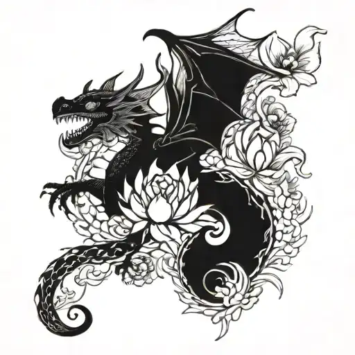 Dragon Flying In Lotus Flowers Coming Out Of It Enchanted Story