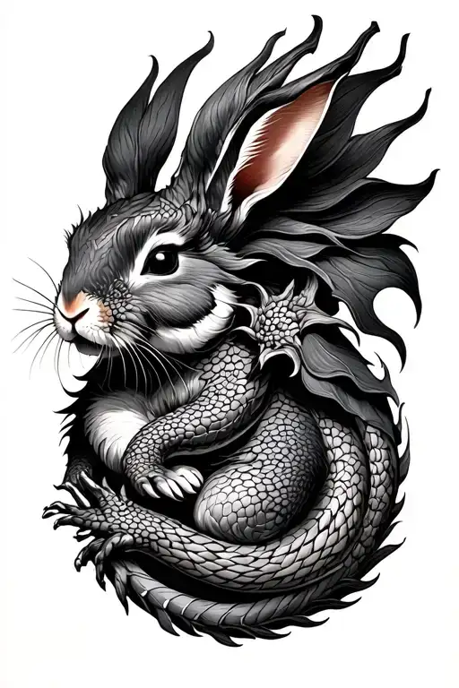 Rabbit Sleeping On Dragon Intertwined