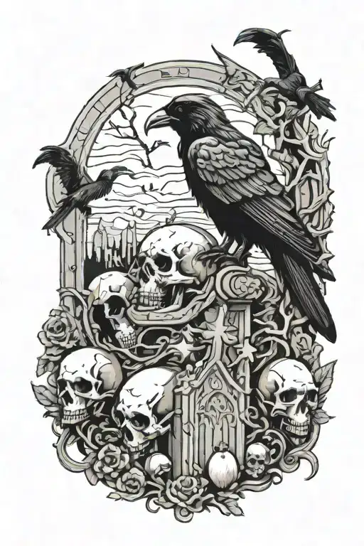 Graveyard With Crow And Skulls In Background Surrounding A Female Reaper