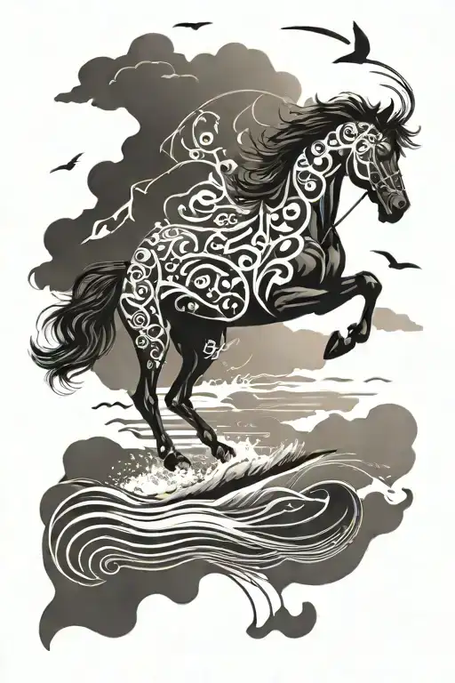 A Majestic Horse Galloping On The Beach At Sunset With Musical Notes Floating In The Air