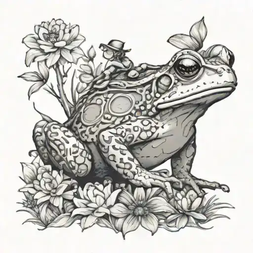 A Fairy Riding A Giant Frog Through A Field Of Flowers