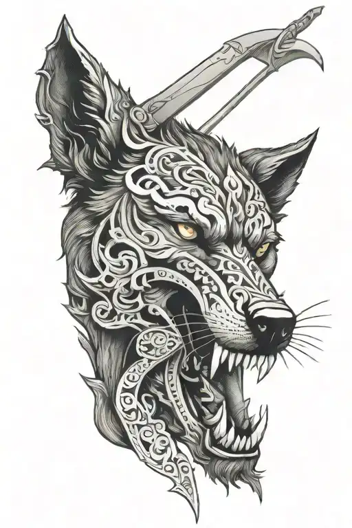 Black Wolf With Sword In Its Mouth