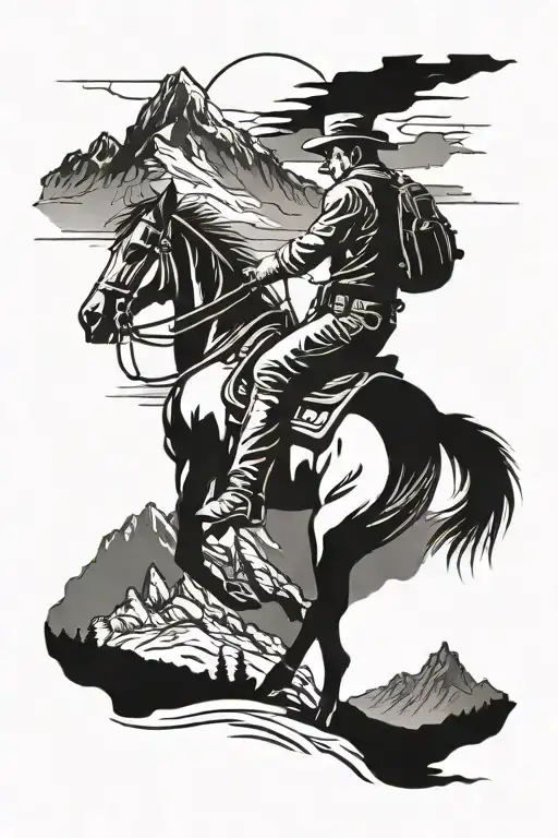 Cowboy With Horse At Cross With Mountain Backdrop Scenery