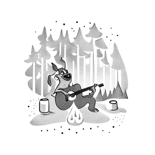 A Silhouette Of Stitch Playing A Guitar By A Campfire In The Woods