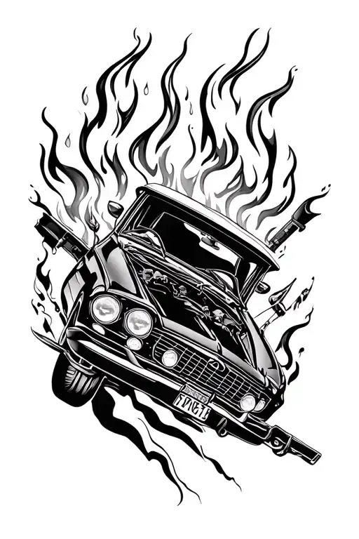 Car Parts And Fire Coming Towards It Surrounded