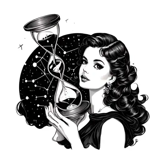 A Pin-up Girl Holding An Hourglass With Constellations Made From Morse Code In The Background