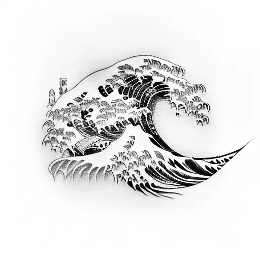 A Japanese Art-inspired Tattoo Of A Wave With A Hidden Silhouette Of A Japanese Chin Dog