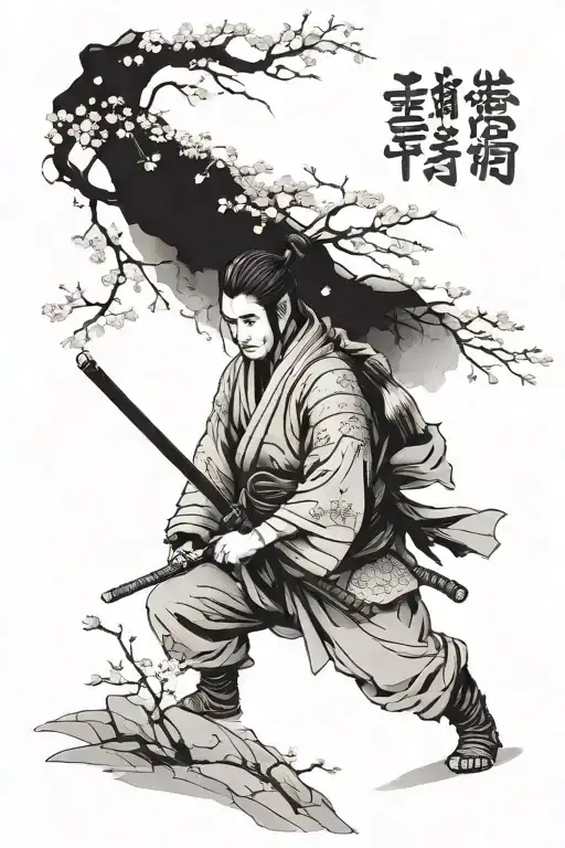 Lonely Samurai And Near The Sakura Tree That Makes Shape Of Ing And Yang Symbol