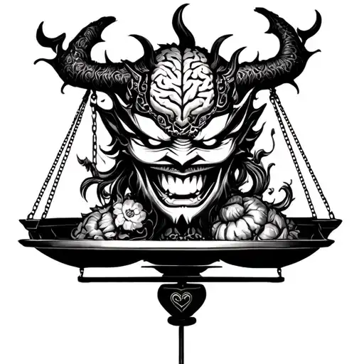 Demon Japon Oni Mask And Weight Scale Balance With Heart And Brain On The Scale