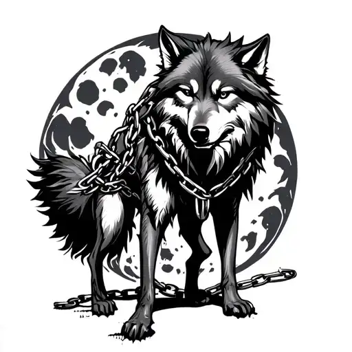 Wolf Standing With Chains Wrapped Around His Body With A Fierce Face And A Moon In The Background