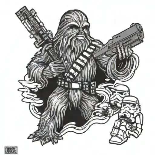 Star Wars Chewbacca Holding Ligtsaber And Figting Imperial Stormtroopers