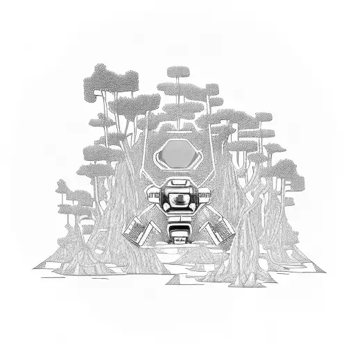 Incorporate A Futuristic Robot With Intricate Circuit Patterns Into A Forest Landscape Tattoo Design