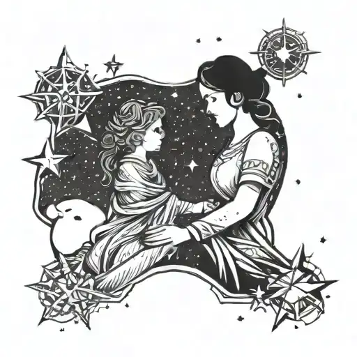 A Celestial Scene With A Mother And Son Holding Hands Under A Sky Full Of Stars