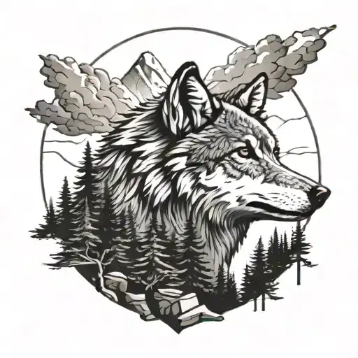 Realistic Wolf In Forest And Mountain Setting
