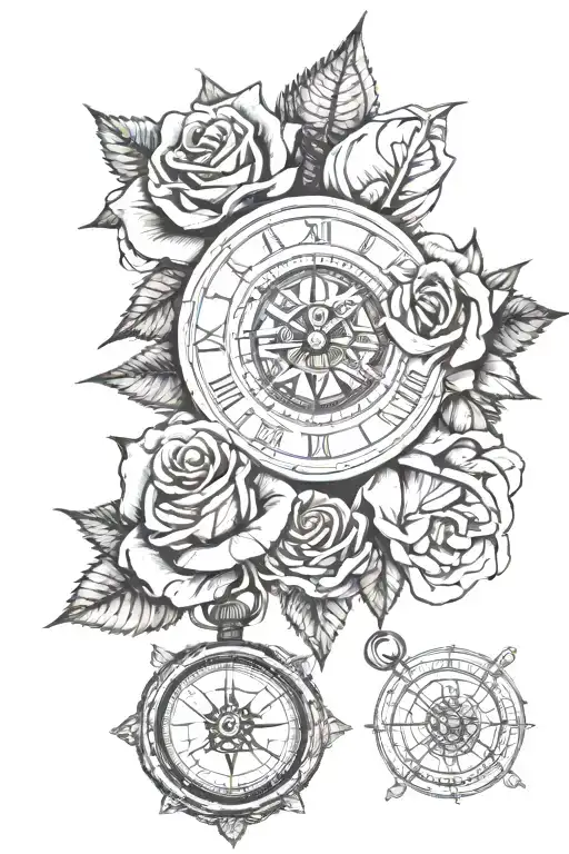 Rose And A Compass With Clock