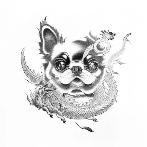 A Fusion Of A Japanese Chin Dog And A Dragon In A Traditional Japanese Art Style
