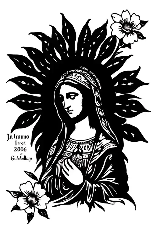 The Virgin Of Guadalupe With A Couple Of Flowers And Birthdate Of June 1St 2006 In Roman Numeral